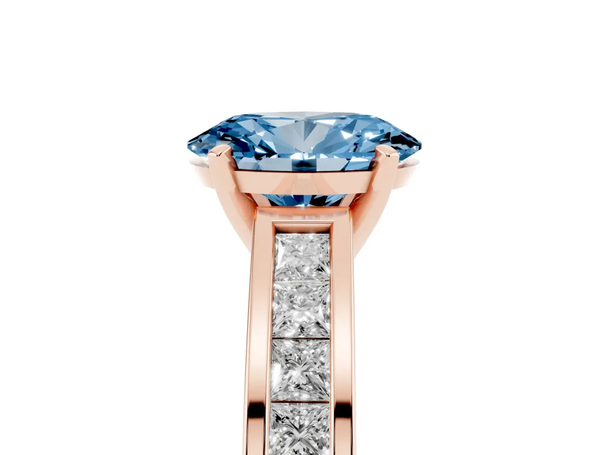 Fancy Blue Oval Cut Solitaire Diamond Ring with Channel-Set Band and Four-Prong Setting Rose gold