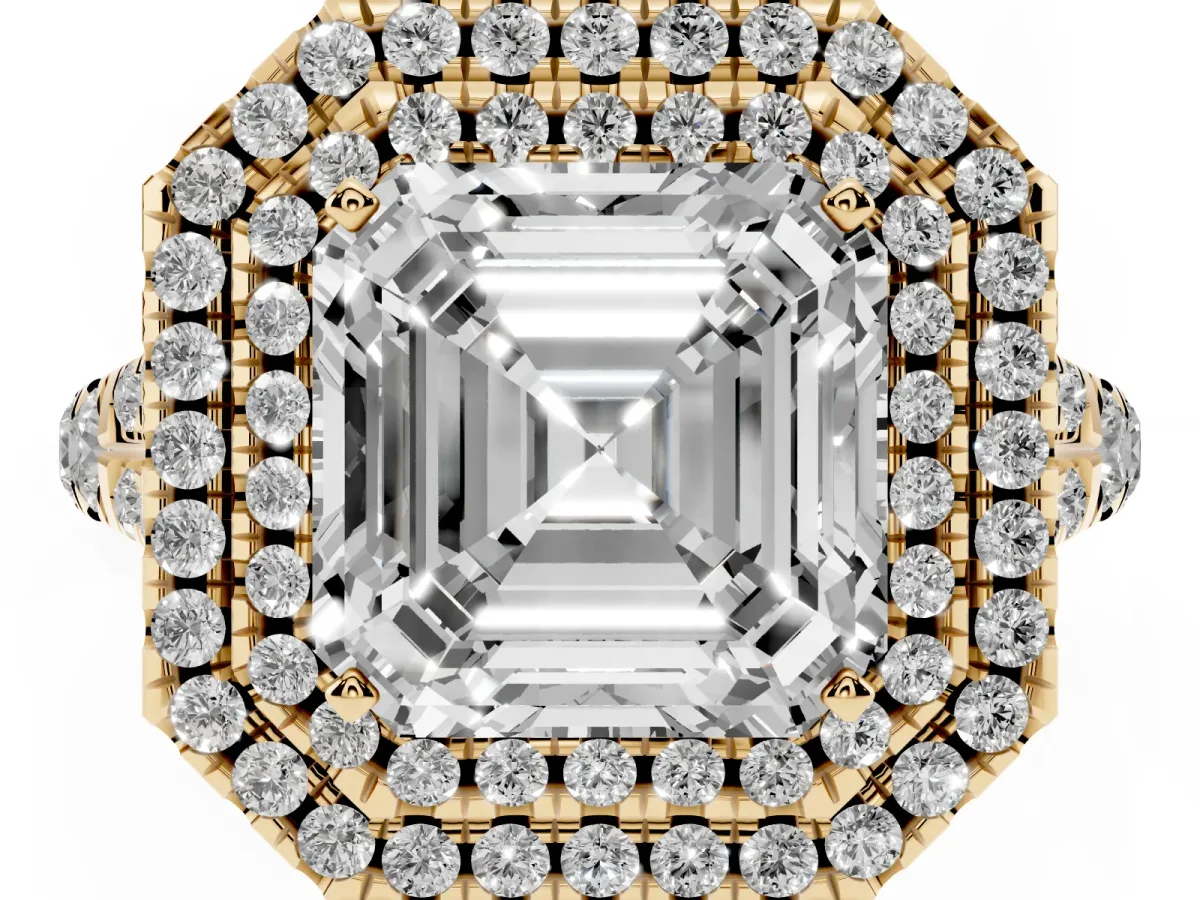 Asscher Cut Diamond Pavé Split Shank Double Halo Engagement Ring Yellow gold