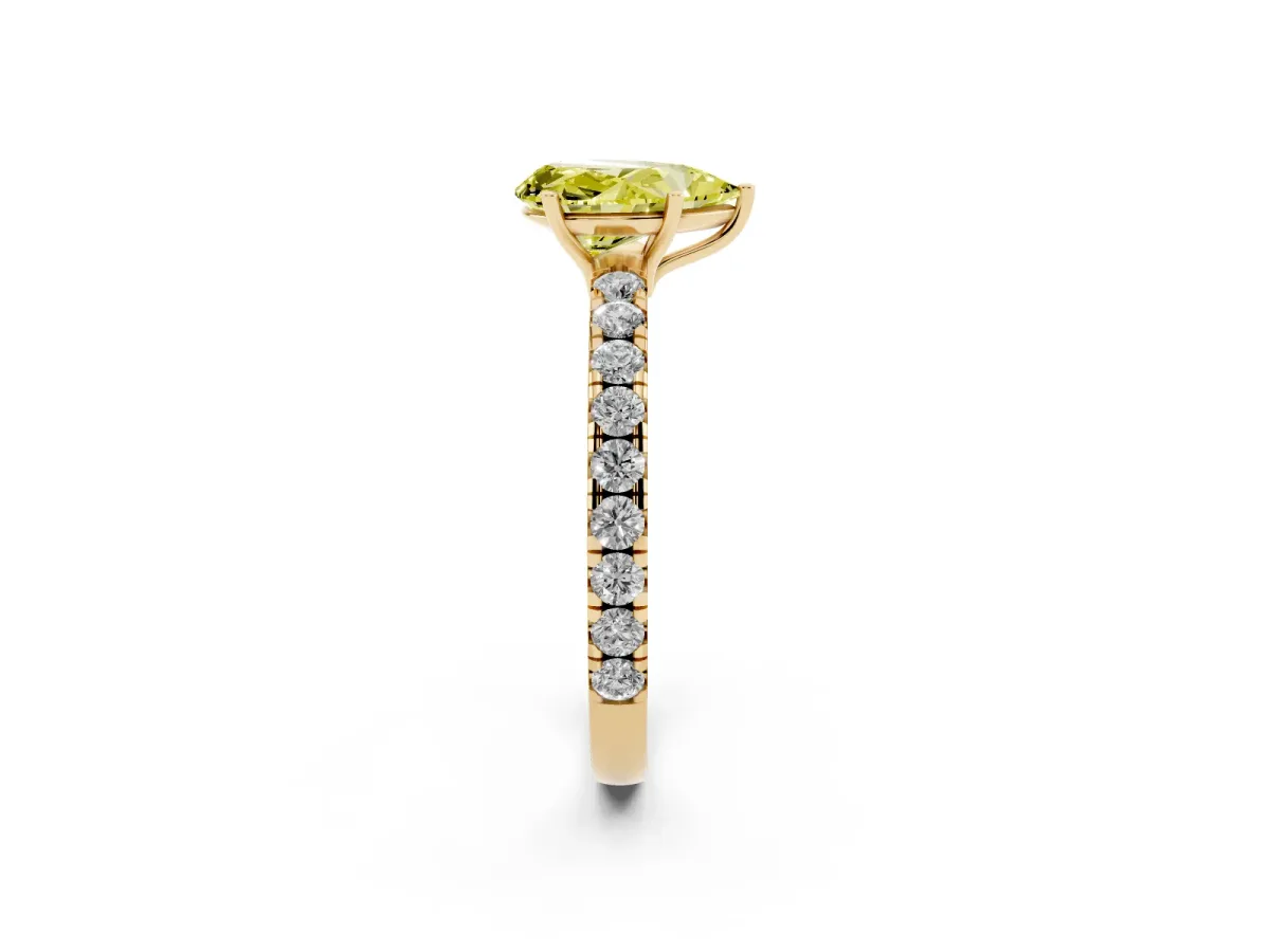 Fancy Yellow Pear Cut Diamond Pavé Solitaire Engagement Ring with Four-Prong Setting Yellow gold
