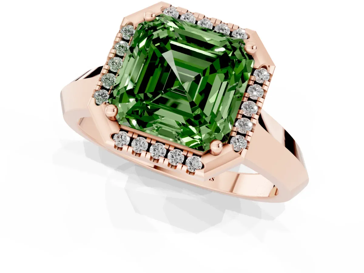 Fancy Green Asscher Cut Halo Diamond Ring with Cathedral Band and Four-Prong Setting Rose gold