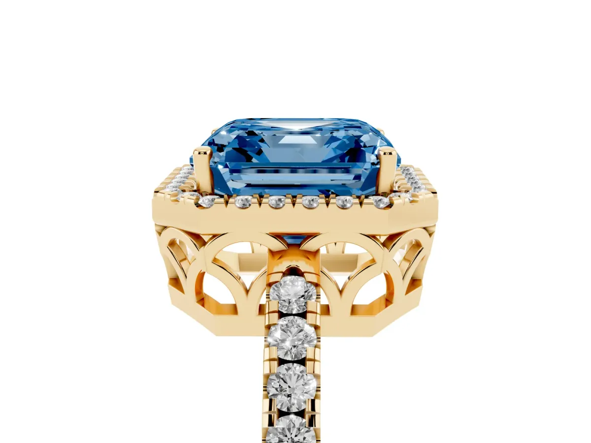 Fancy Blue Asscher Cut Halo Diamond Engagement Ring with Pavé Band and Four-Prong Setting Yellow gold