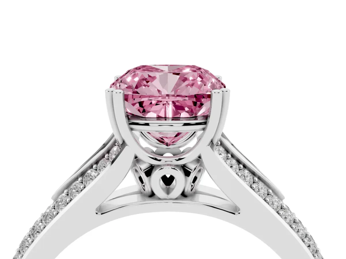 Fancy Pink Cushion Cut Diamond Split Shank Engagement Ring with Pavé Band Silver