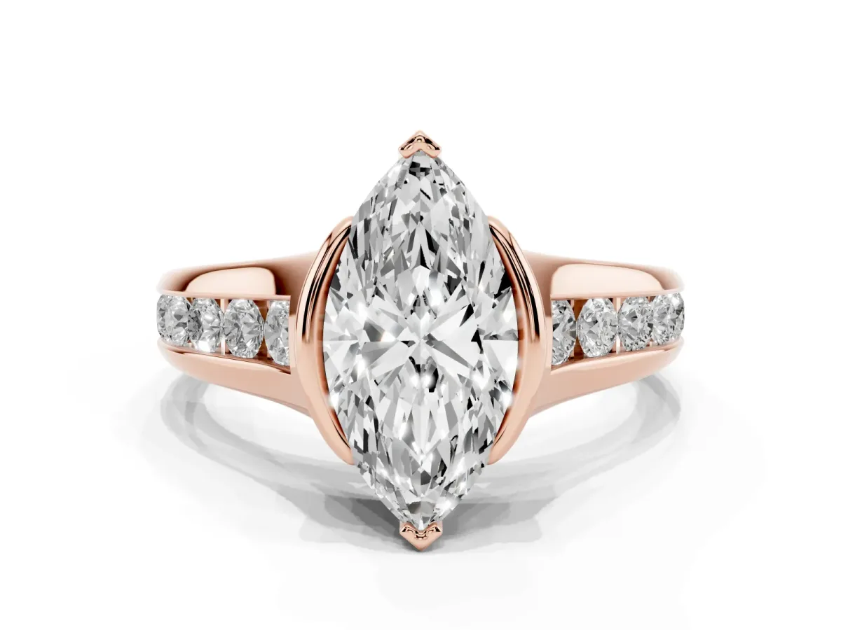 Marquise Cut Solitaire Bezel-Set Diamond Ring with Channel-Set Band Rose gold