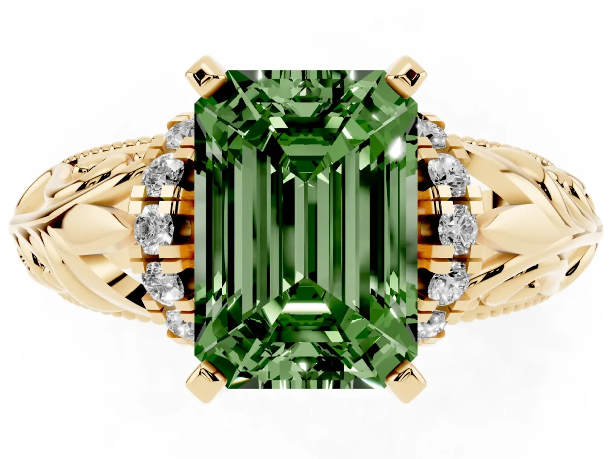 Fancy Green Emerald Cut Solitaire Filigree Engagement Ring with Halo and Prong Setting Yellow gold