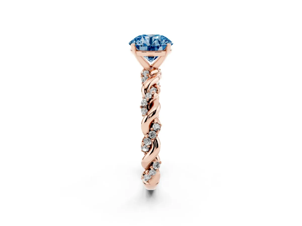 Fancy Blue Round Cut Diamond Solitaire Ring with Twisted Band and Pavé Accents Rose gold