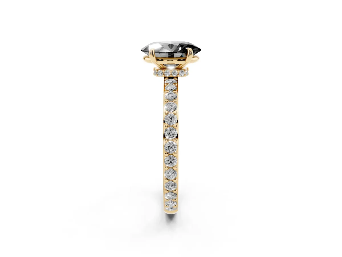 Fancy Black Oval Cut Diamond Pavé Engagement Ring with Round Accents and Prong Setting Yellow gold