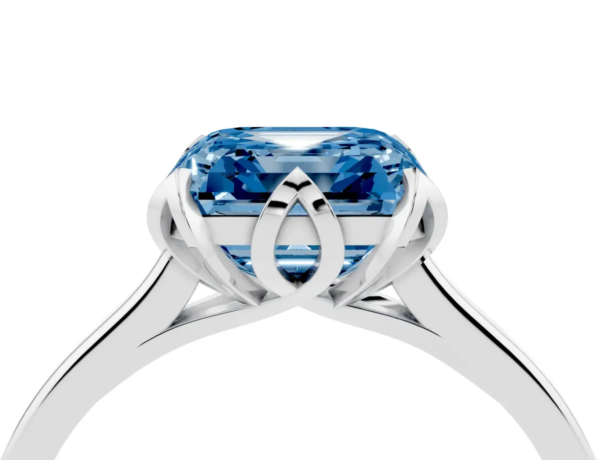 Fancy Blue Asscher Cut Diamond Solitaire Ring with Flower Prong Setting and Classic Band Silver