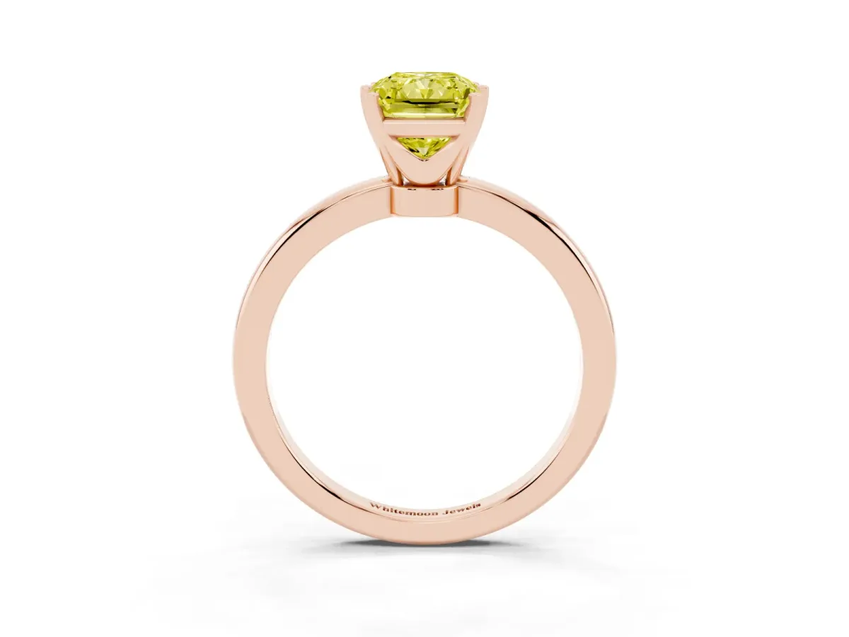 Fancy Yellow Radiant Cut Solitaire Diamond Ring with Six-Prong Setting on a Classic Band Rose gold