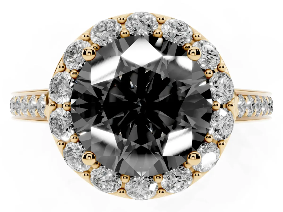 Fancy Black Round Cut Diamond Floral Halo Ring with Pavé Band and Prong Setting Yellow gold