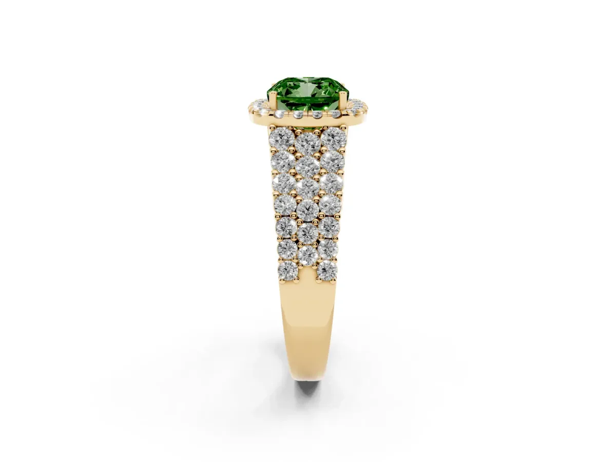 Fancy Green Cushion Cut Diamond Halo Engagement Ring with Triple Row Round Pavé Band and Prong Setting Yellow gold