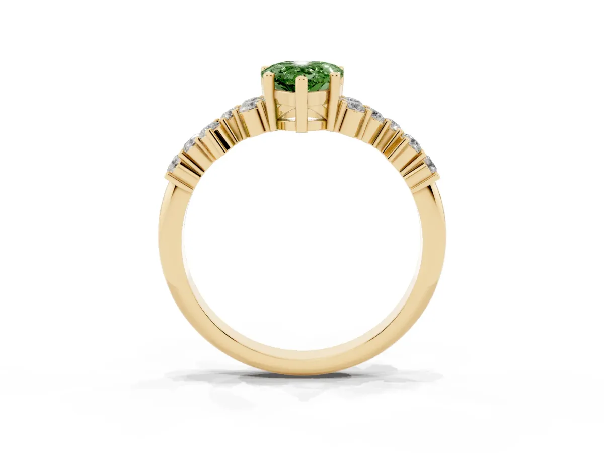 Fancy Green Pear Cut Diamond Scattered Round Accent Ring with Prong Setting Yellow gold