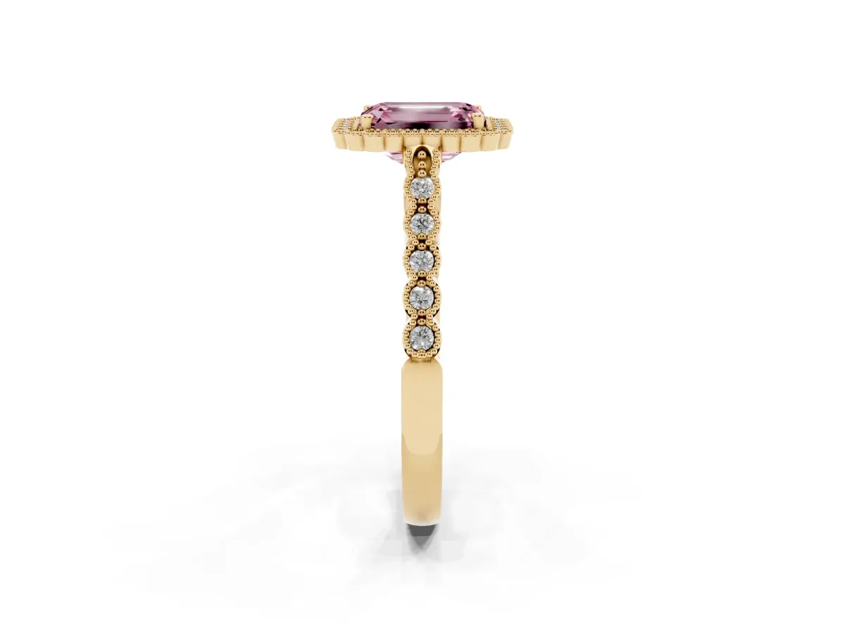 Fancy Pink Emerald Cut Cut Halo Pavé Solitaire Ring with Milgrain Band Yellow gold