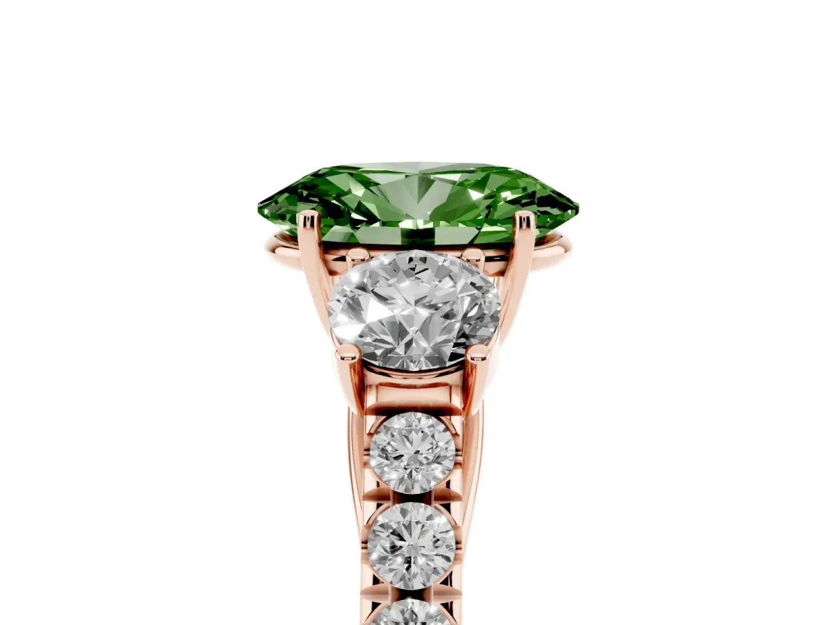Fancy Green Oval Cut Cut Diamond Three-Stone Ring with Round Side Stones and Pavé Band Rose gold
