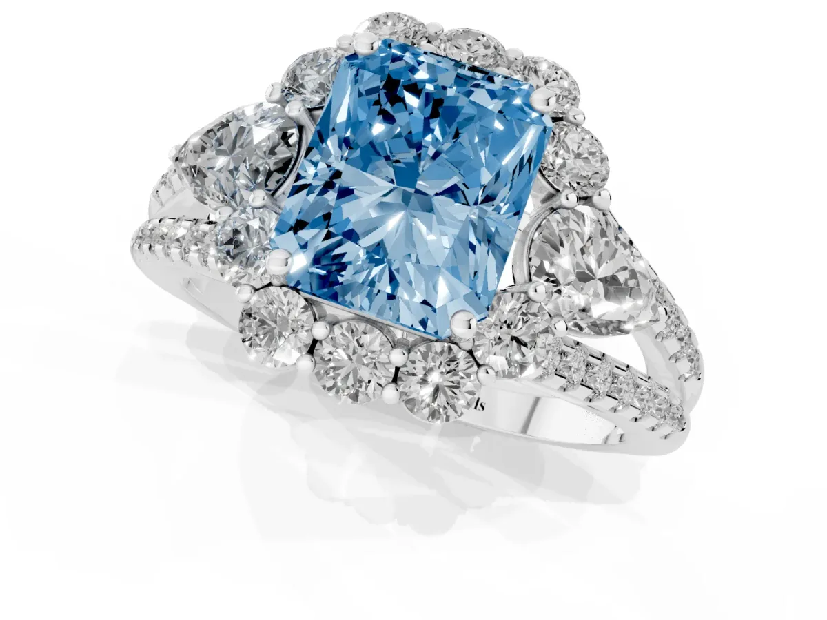 Fancy Blue Radiant Cut Halo Split Shank Diamond Engagement Ring with Prong Setting Silver