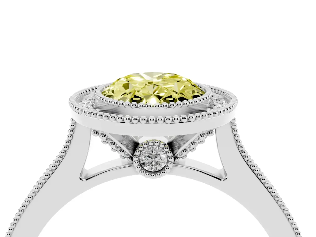 Fancy Yellow Halo Oval Cut-Cut Diamond Pave Band Milgrain Prong Setting Ring Silver