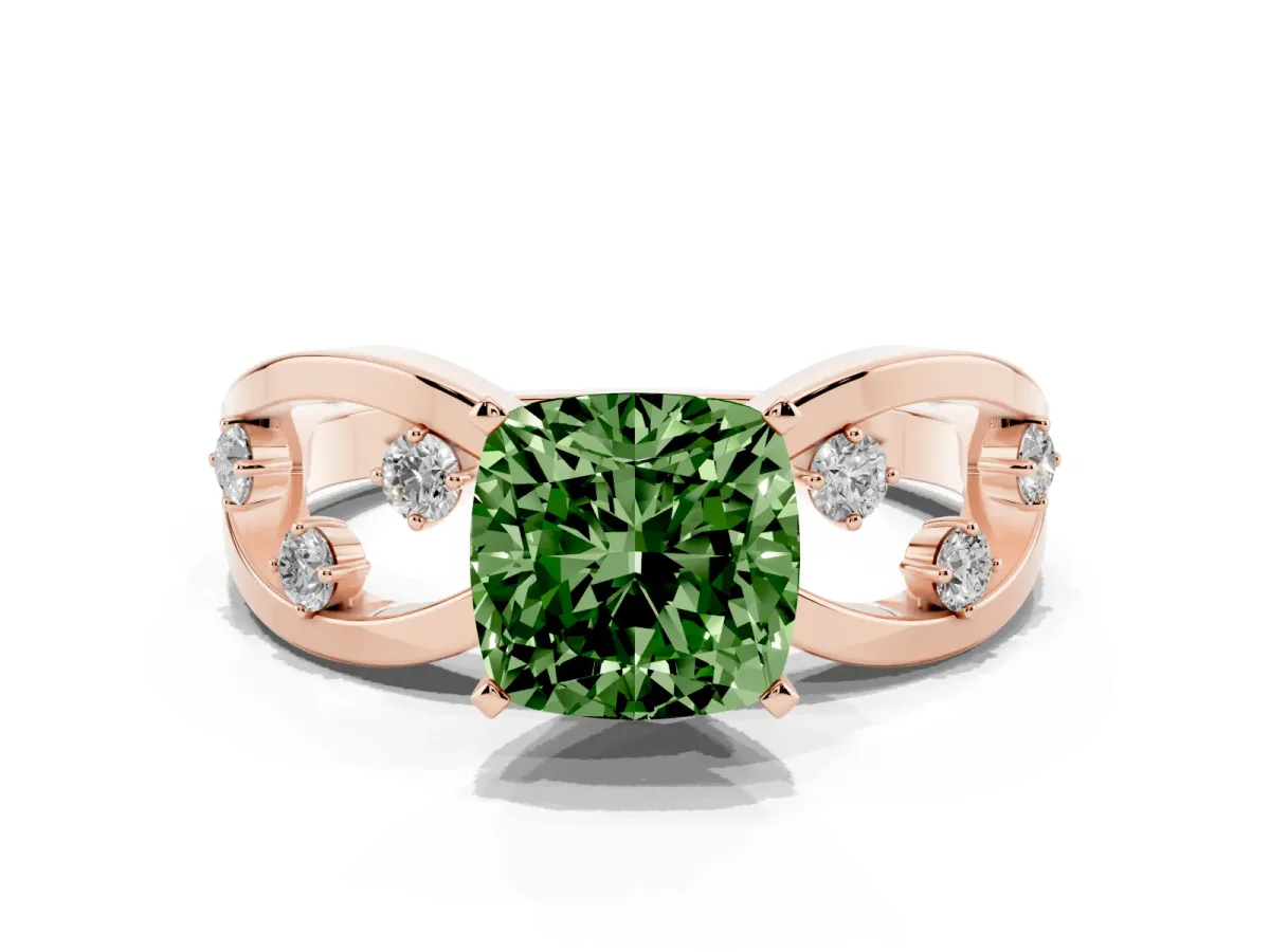 Fancy Green Cushion Cut Cut Solitaire Diamond with Side Stones on Criss-Cross Band and Four-Prong Setting Rose gold