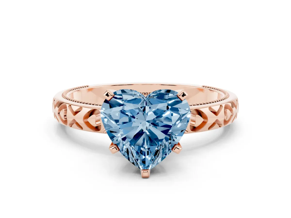 Fancy Blue Heart Cut Solitaire Diamond Engagement Ring with XO Engraved Band and Four-Prong Setting Rose gold
