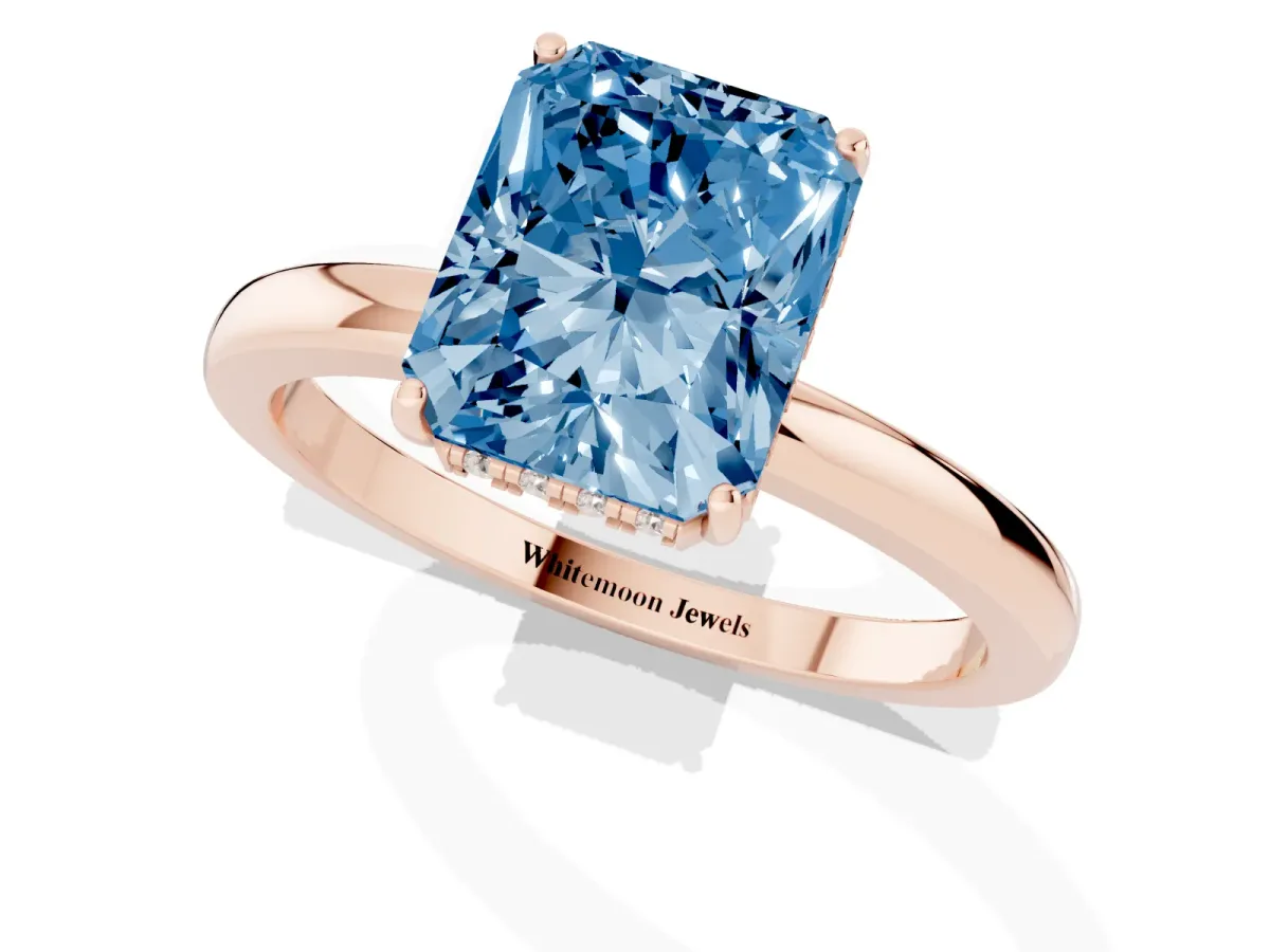 Fancy Blue Radiant Cut Solitaire Diamond Ring with Prong Setting and Plain Band Rose gold