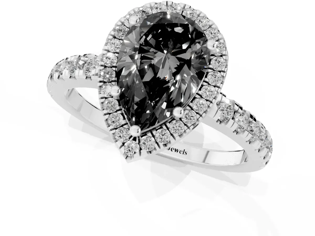 Fancy Black Pear Cut Diamond Halo Ring with Pavé Band and Four-Prong Setting Platinum