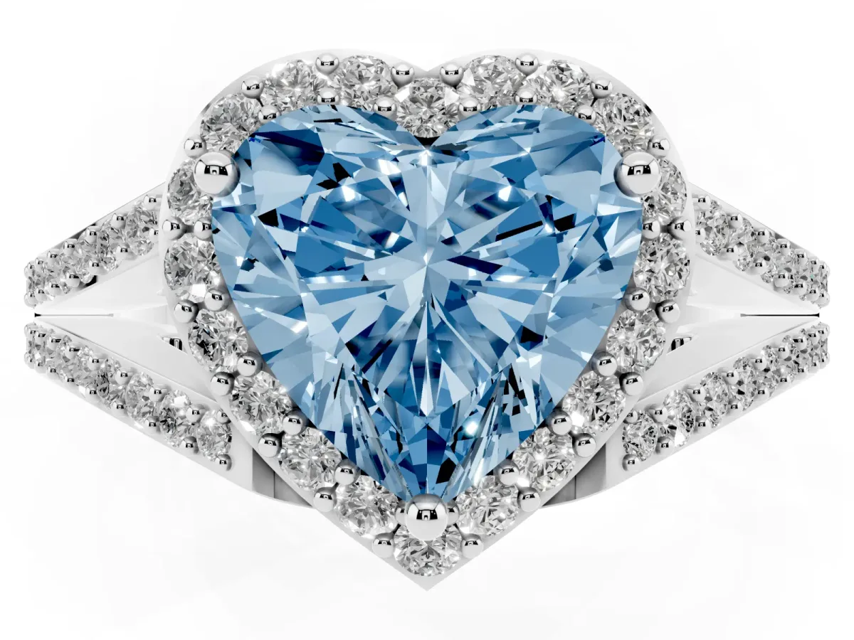 Fancy Blue Heart Cut Halo Split Shank Diamond Ring with Prong Setting Silver