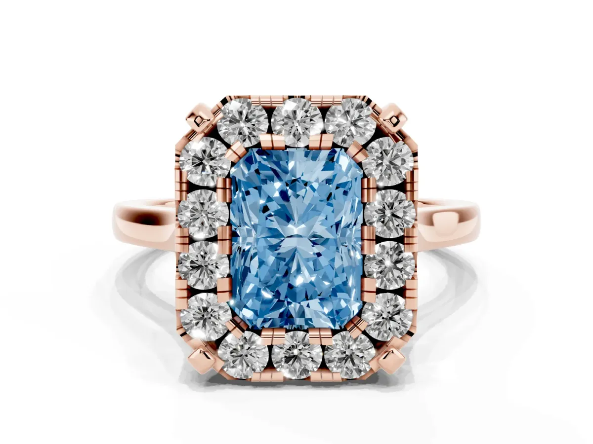 Fancy Blue Radiant Cut Diamond Cluster Halo Solitaire with Four-Prong Setting Rose gold
