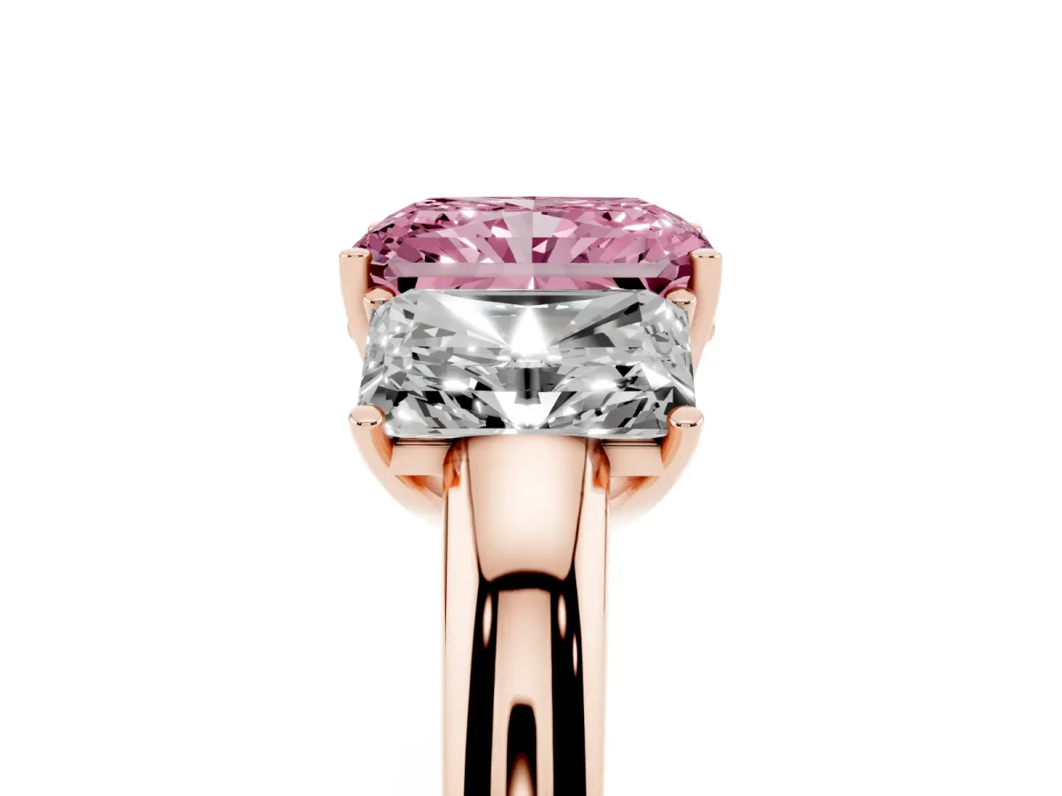 Fancy Pink Radiant Cut Diamond Three-Stone Ring with Four-Prong Setting and Classic Band Rose gold