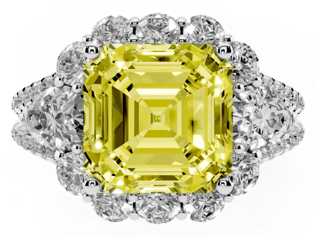 Fancy Yellow Asscher Cut Halo Split Shank Diamond Engagement Ring with Prong Setting Platinum