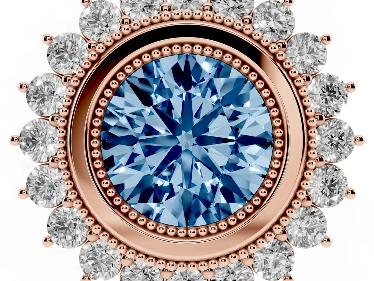 Fancy Blue Round Cut Halo Diamond Ring with Milgrain Edge and Round Prong Setting Rose gold