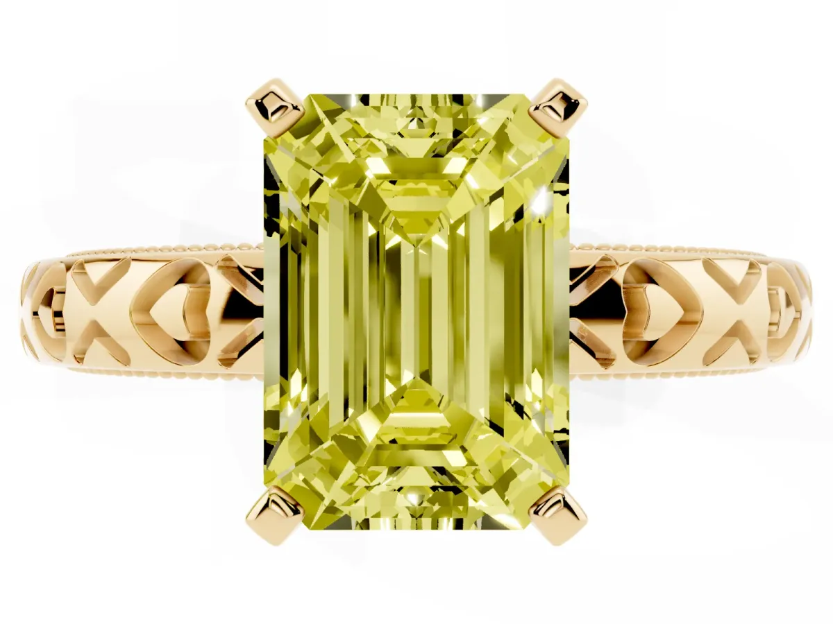 Fancy Yellow Emerald Cut Solitaire Diamond Engagement Ring with XO Engraved Band and Four-Prong Setting Yellow gold