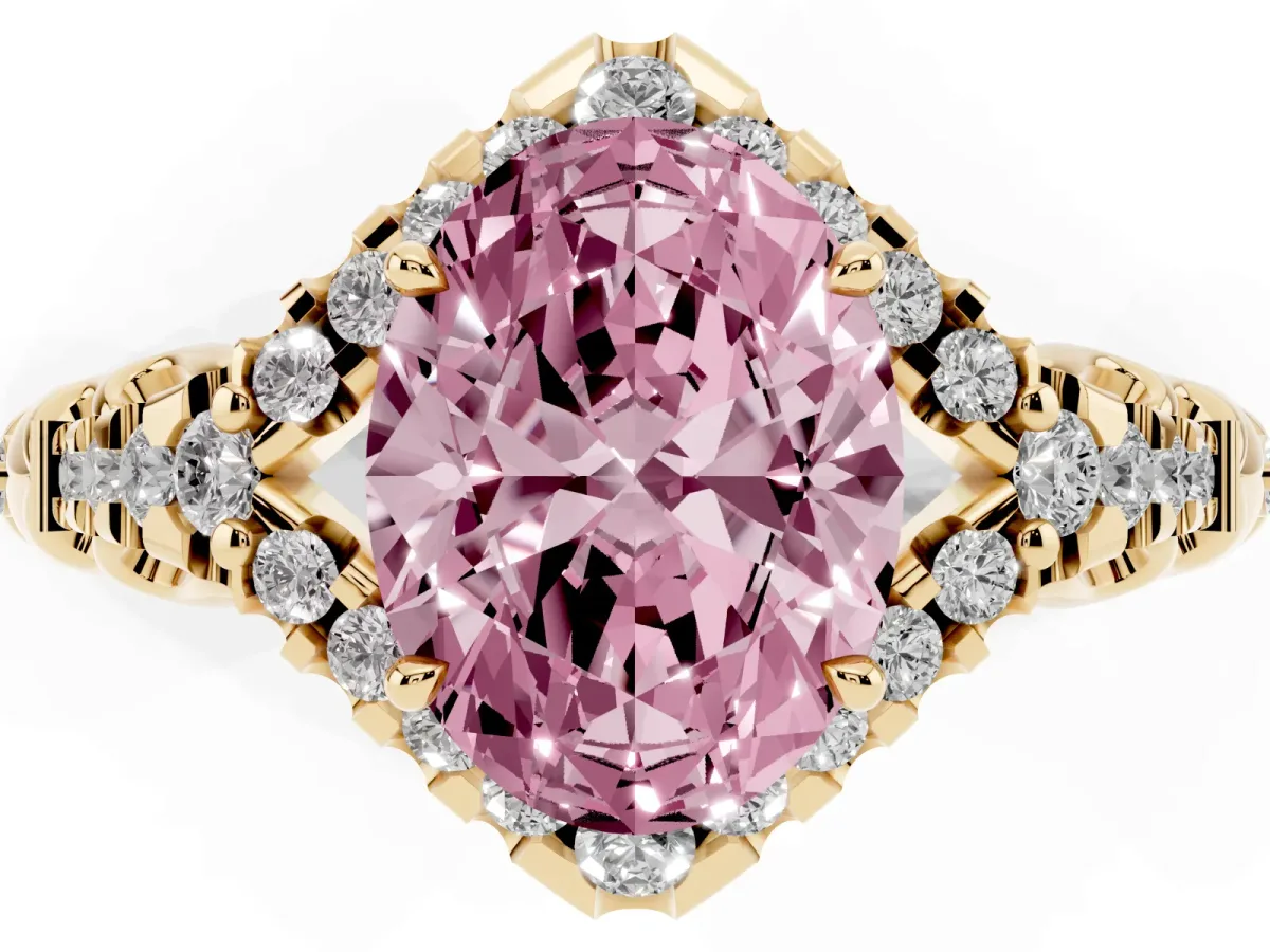 Fancy Pink Oval Cut Diamond Solitaire Ring with Hidden Halo and Pavé Band Yellow gold