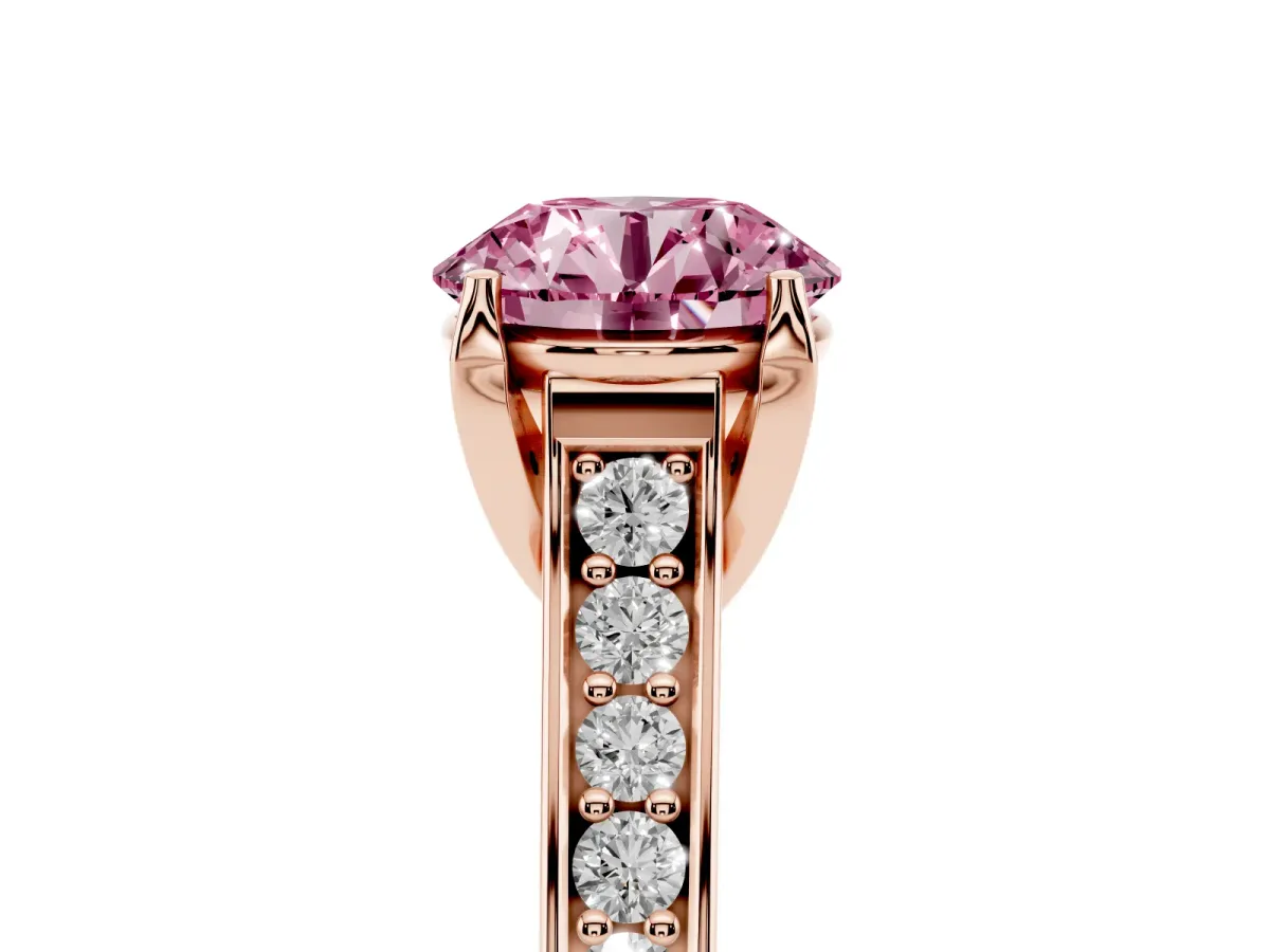 Fancy Pink Round Cut Brilliant Cut Diamond Engagement Ring with Pavé Band and Four-Prong Setting Rose gold