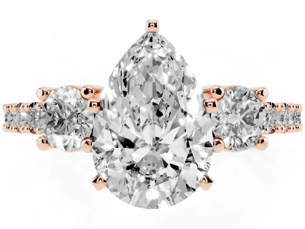 Pear Cut Three-Stone Diamond Pavé Band with Prong Setting Rose gold
