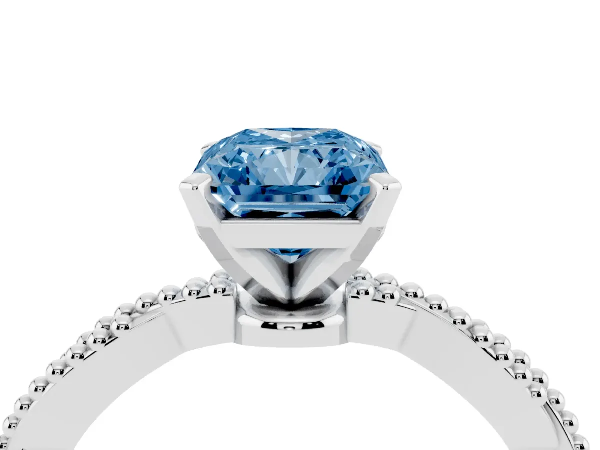 Fancy Blue Radiant Cut Solitaire Twisted Band with Bead Prong Setting Platinum