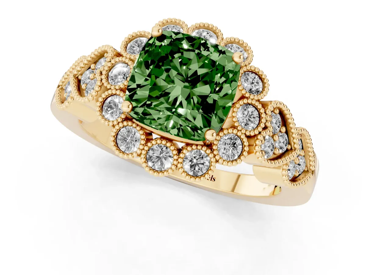 Fancy Green Cushion Cut Brilliant Milgrain Pave Heart Band Solitaire Ring Yellow gold