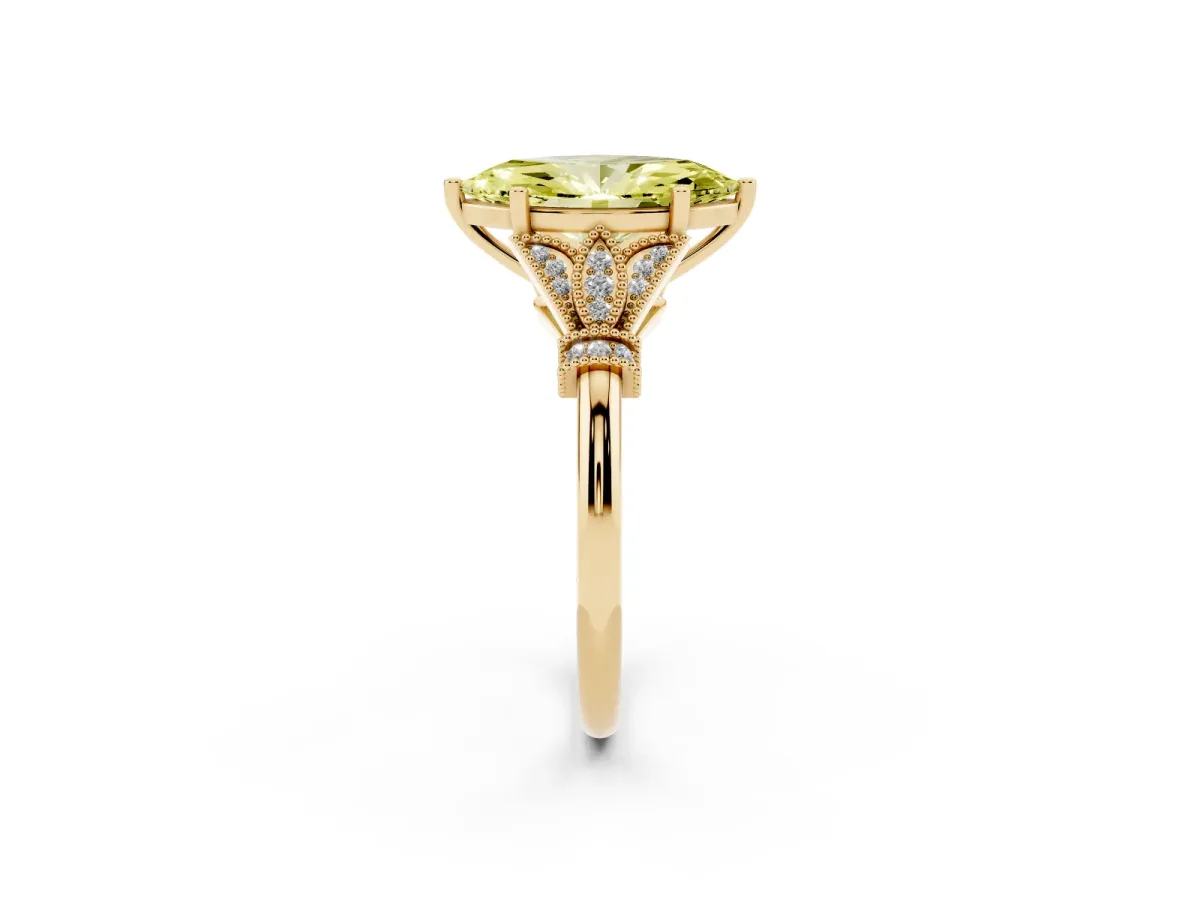 Fancy Yellow Marquise Cut Diamond Solitaire Ring with Floral Filigree and Pave Accents Yellow gold