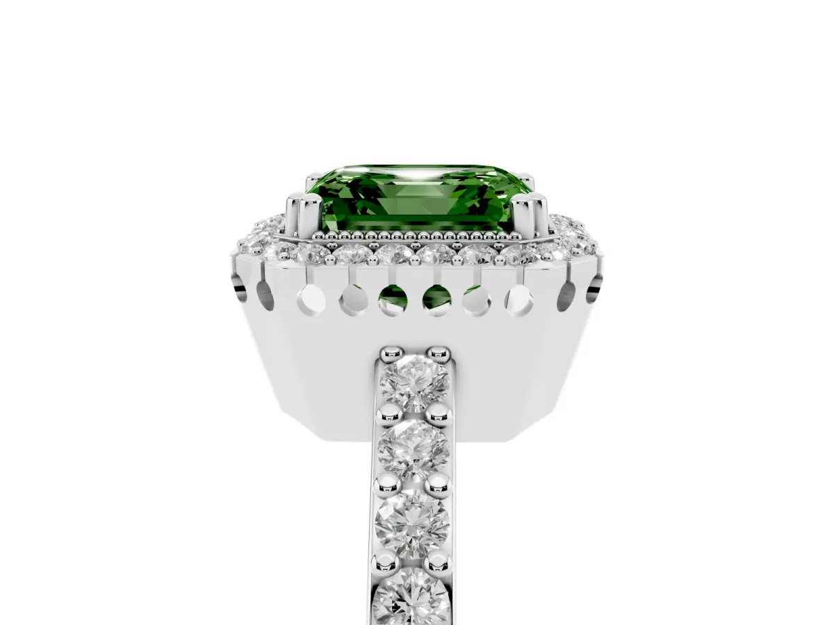 Fancy Green Asscher Cut Cut Diamond Halo Engagement Ring with Milgrain Detail and Pavé Band Platinum