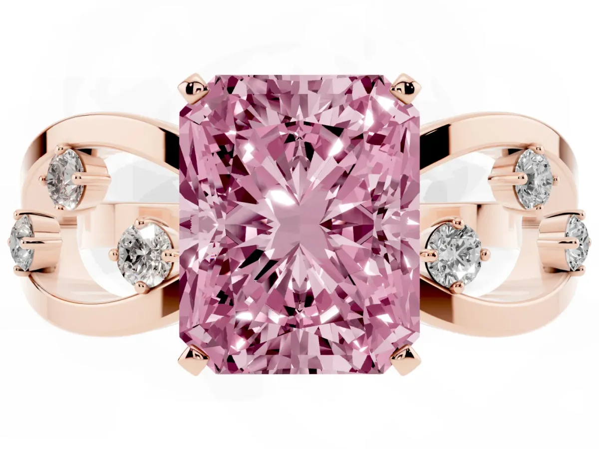 Fancy Pink Radiant Cut Cut Solitaire Diamond with Side Stones on Criss-Cross Band and Four-Prong Setting Rose gold