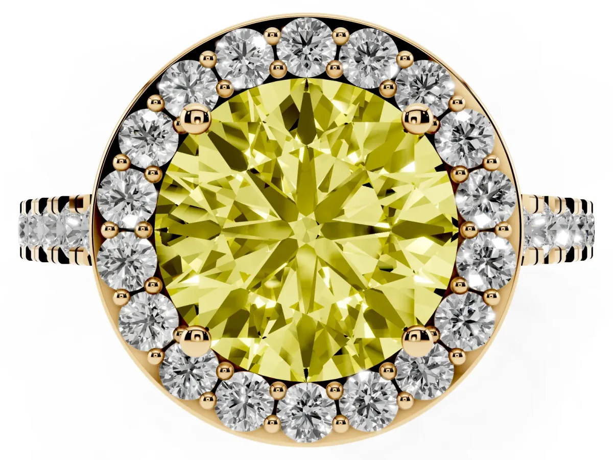 Fancy Yellow Round Cut Diamond Halo Ring with Round Pavé Split Shank and Prong Setting Yellow gold