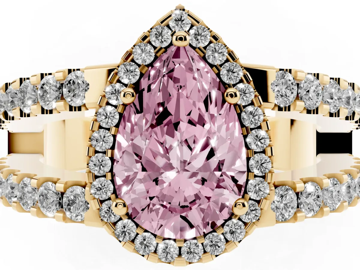 Fancy Pink Pear Cut Cut Halo Split Shank Diamond Ring with Four-Prong Setting Yellow gold