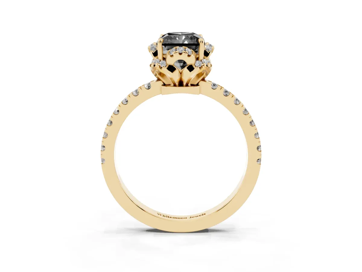 Fancy Black Radiant Cut Diamond Halo Pave Band with Four-Prong Setting Yellow gold