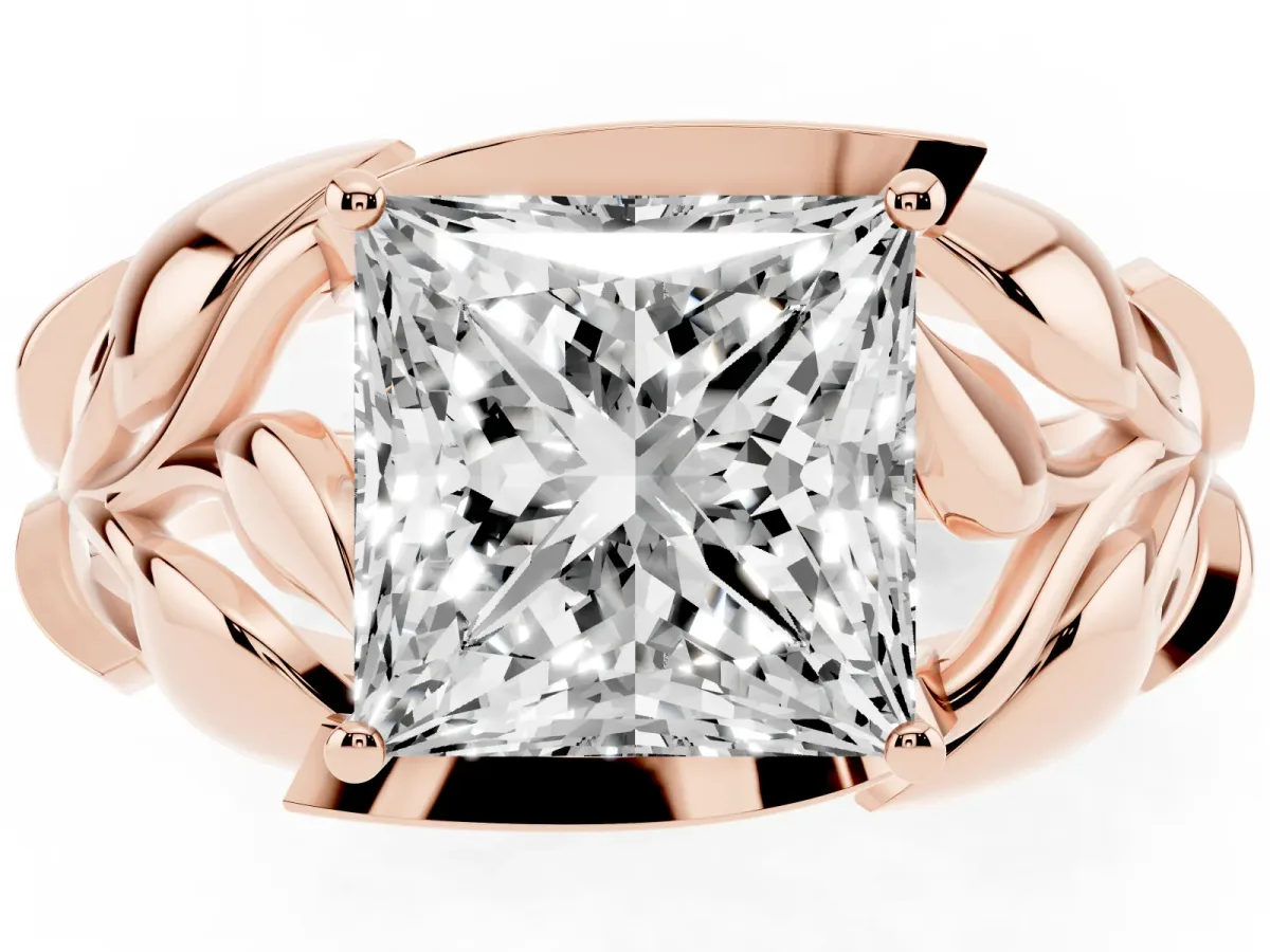 Princess Cut Diamond Leaf-Inspired Engagement Ring with Round Accents and Prong Setting Rose gold