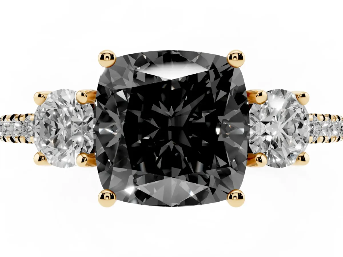 Fancy Black Three-Stone Cushion Cut Cut Diamond Pavé Band with Prong Setting Yellow gold