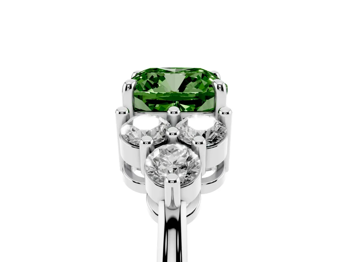 Fancy Green Cushion Cut Brilliant Diamond Cluster Accent Solitaire Ring with Prong Setting Platinum