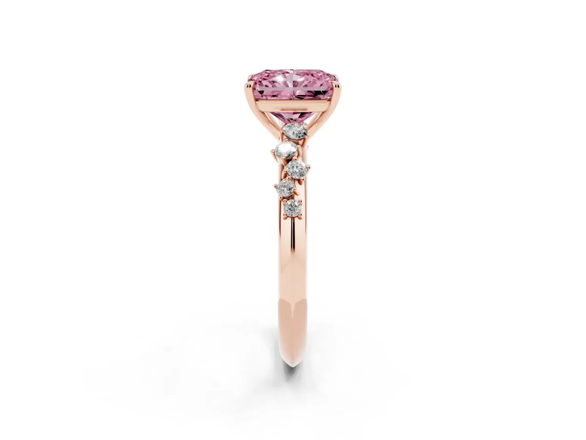 Fancy Pink Radiant Cut Diamond Cluster Side Stone Solitaire Ring with Prong Setting Rose gold