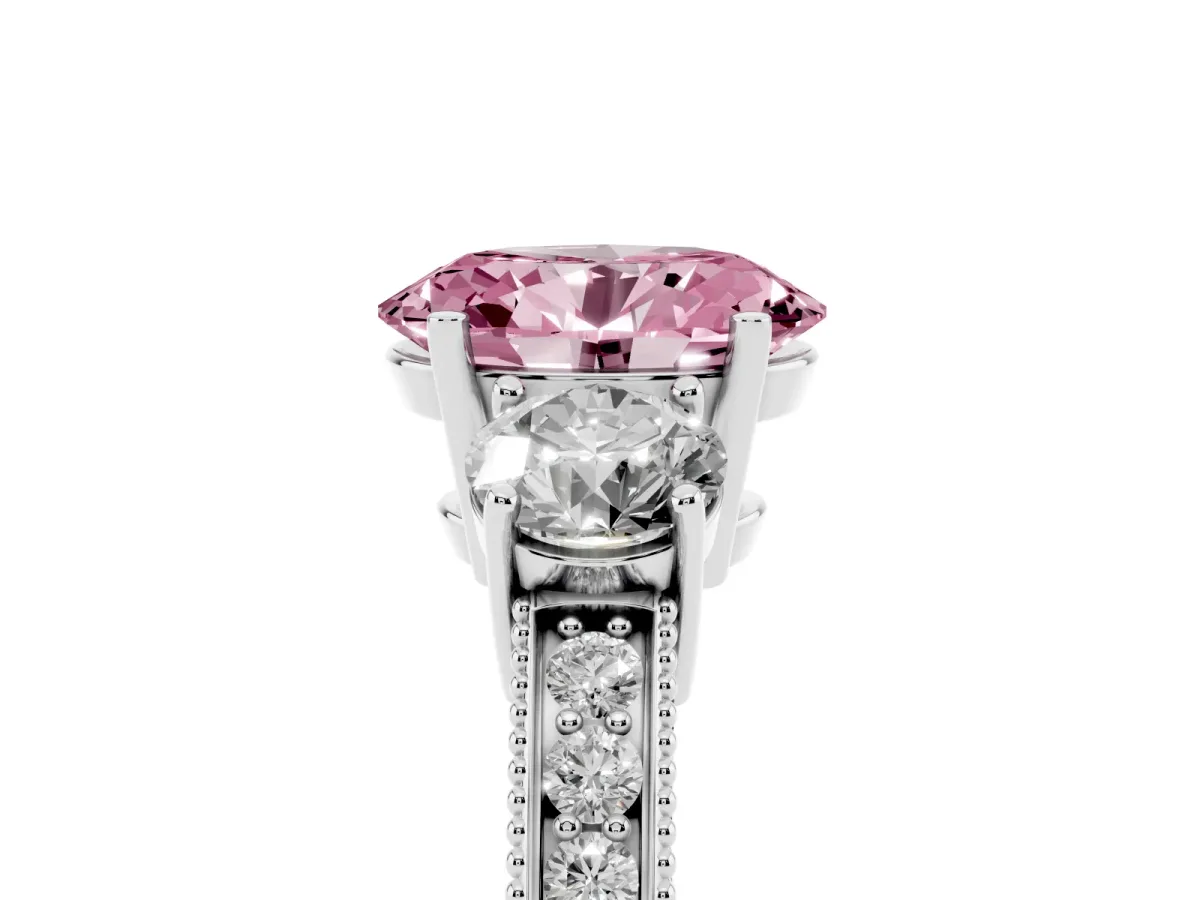 Fancy Pink Oval Cut Three-Stone Diamond Ring with Pavé Band and Four-Prong Setting Silver