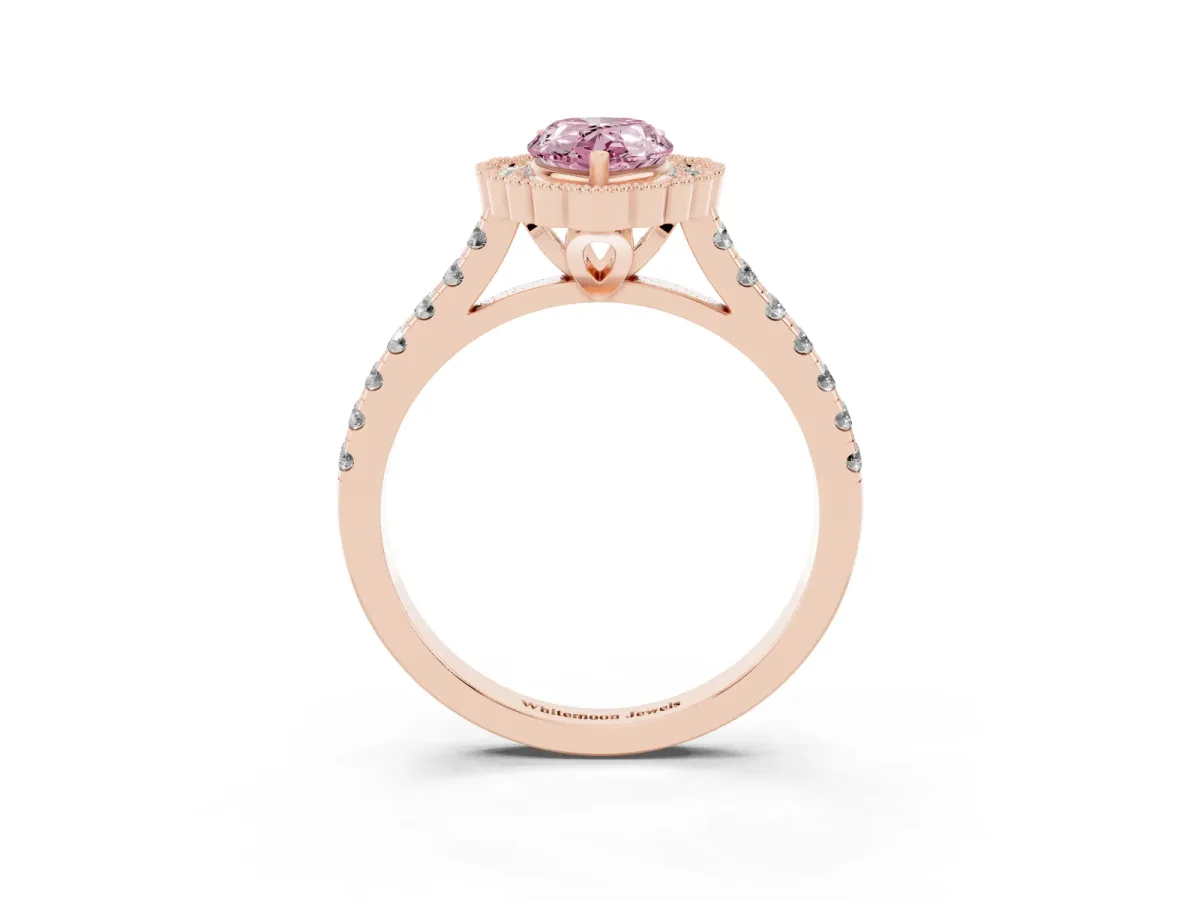 Fancy Pink Pear Cut Cut Diamond Milgrain Floral Halo Engagement Ring with Pavé Band Rose gold