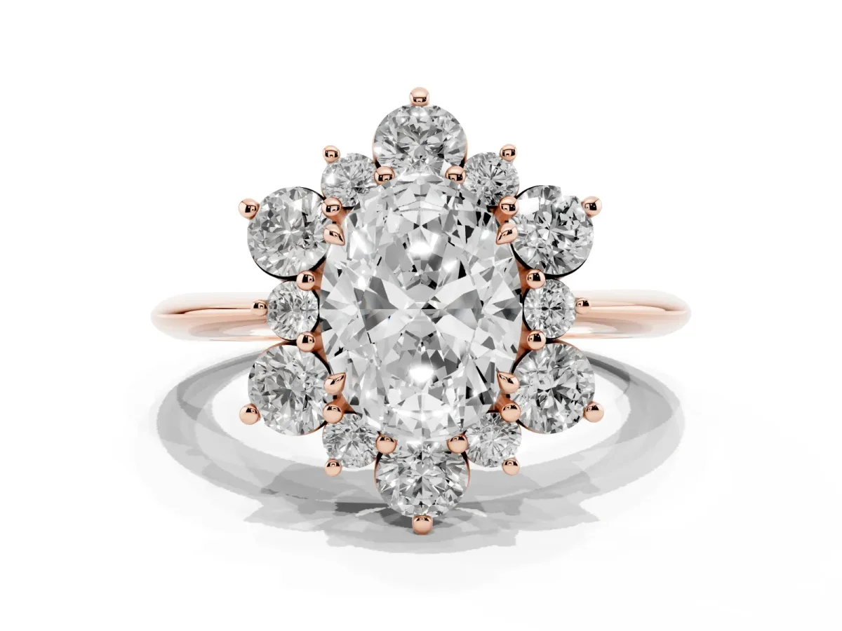Oval Cut Diamond Cluster Halo Ring with Solitaire Band and Four-Prong Setting Rose gold
