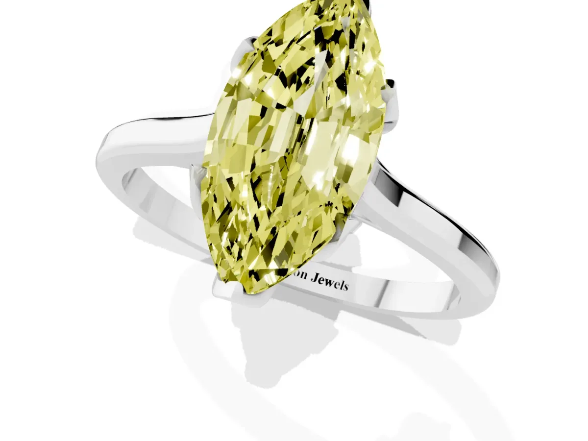 Fancy Yellow Marquise Cut Diamond Solitaire Ring with Flower Prong Setting and Classic Band White gold