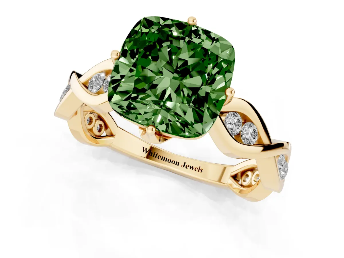 Fancy Green Cushion Cut Solitaire Twist Band with Leaf Prong Setting Yellow gold