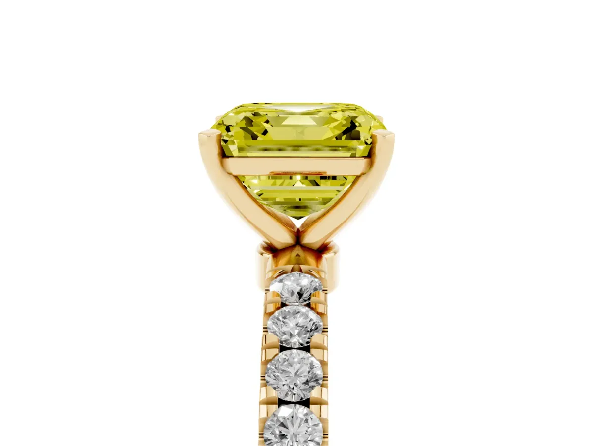 Fancy Yellow Asscher Cut Diamond Solitaire Ring with Pavé Accents and Four-Prong Setting Yellow gold